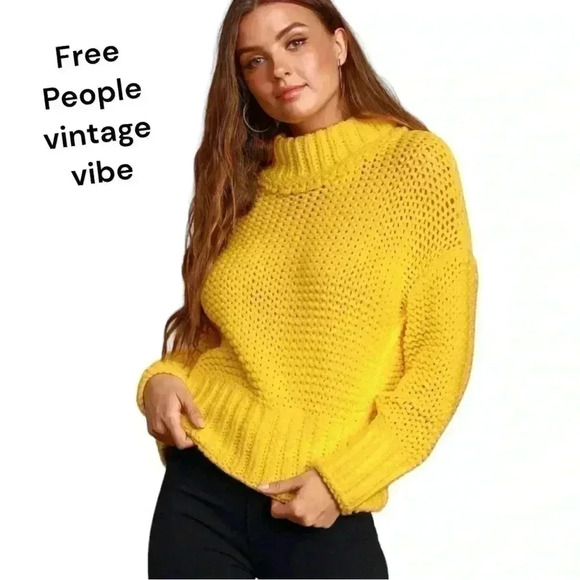 Vintage 80s One Step Up Chunky Rib Knit Bright Yellow Oversized Sweater Size S - Picture 7 of 7